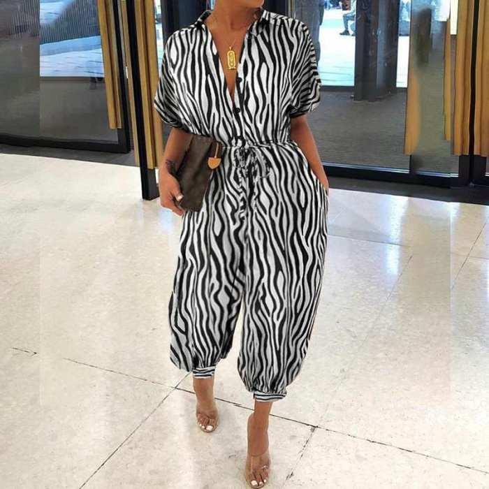 fold-over collar single-breasted short-sleeved zebra pattern jumpsuit
