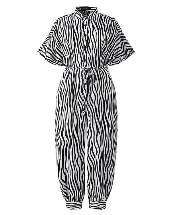 fold-over collar single-breasted short-sleeved zebra pattern jumpsuit