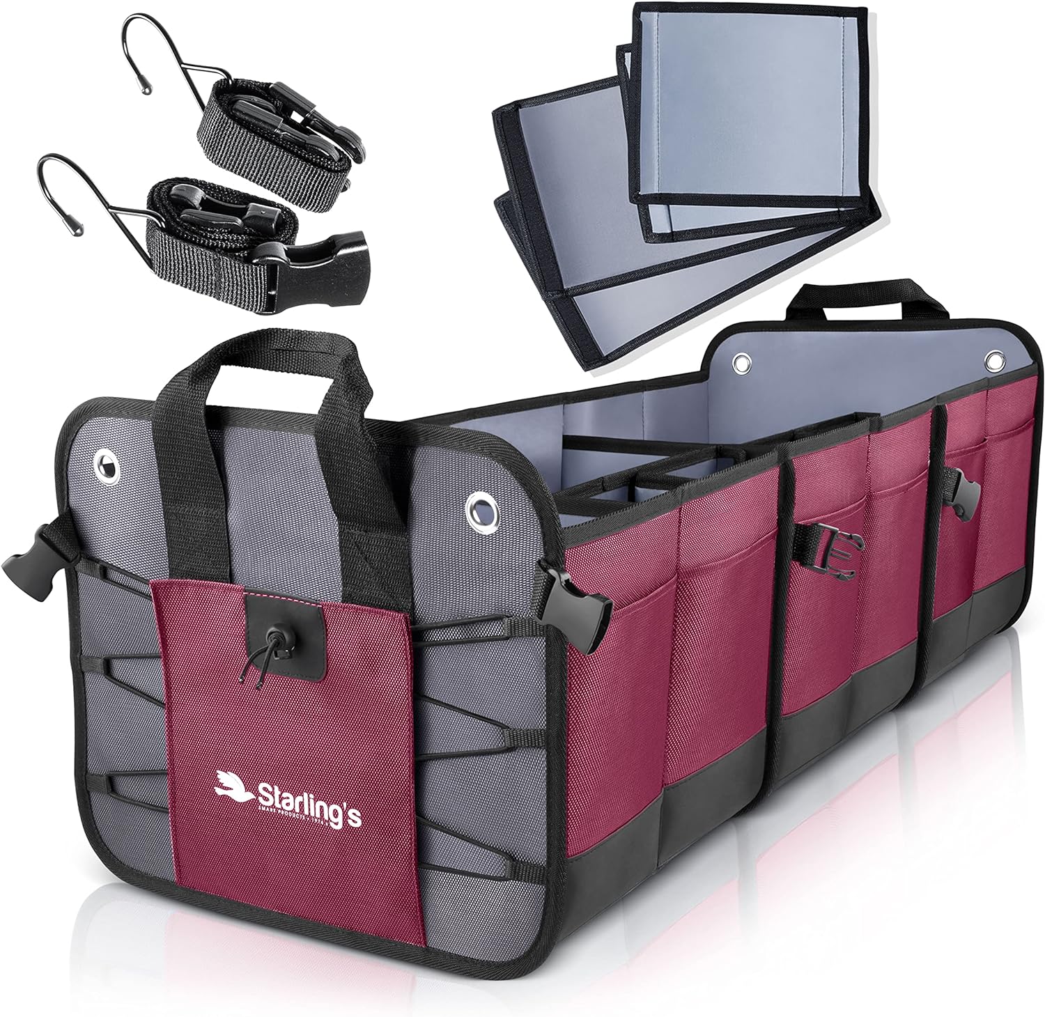 Starling's Car Trunk Organizer - Durable Storage SUV Cargo Organizer Adjustable (Bordeaux, 3 Compartments)