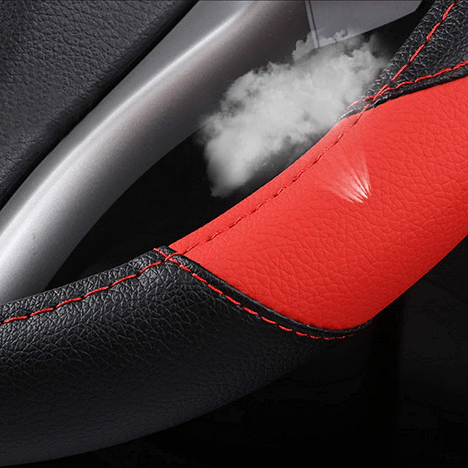 Leather Car Steering Wheel Cover, Non-Slip Car Wheel Cover Protector Breathable Microfiber Leather Universal Fit for Most Cars (Black &amp; Red)