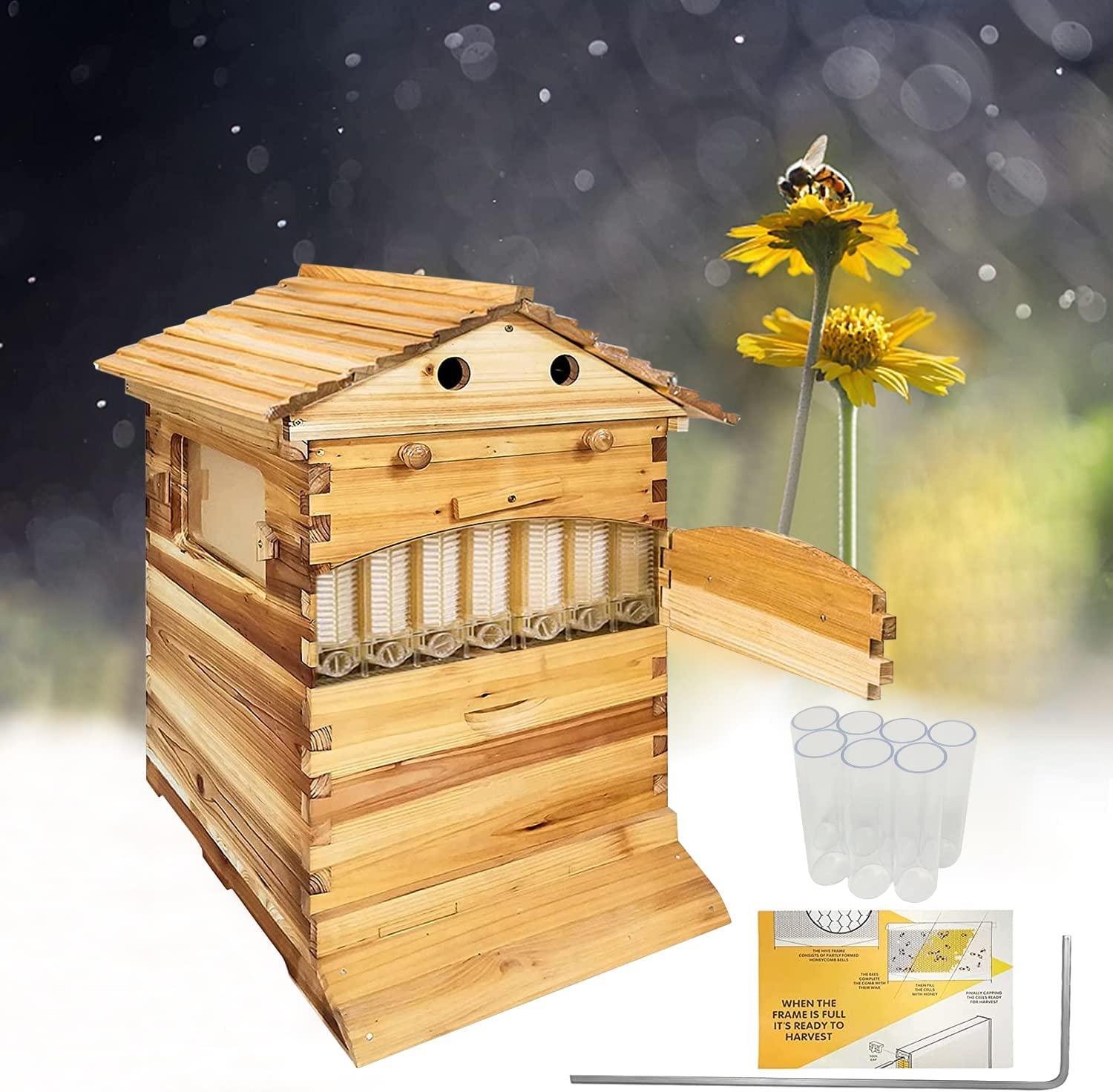 Auto Flow Beehive,Wooden Beekeeping House Beehive Boxes with 7 PCS Auto Bee Hive Frame,Automatic Wooden Bee Hive House Kit,Food Grade BPA  (Beehive Frame+Wooden Box)