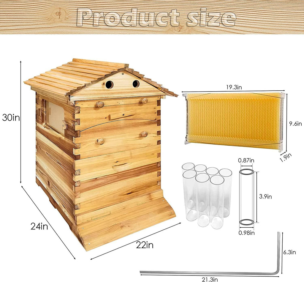 Auto Flow Beehive,Wooden Beekeeping House Beehive Boxes with 7 PCS Auto Bee Hive Frame,Automatic Wooden Bee Hive House Kit,Food Grade BPA  (Beehive Frame+Wooden Box)