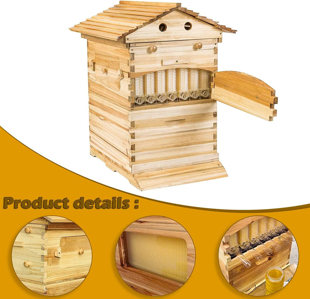 Auto Flow Beehive,Wooden Beekeeping House Beehive Boxes with 7 PCS Auto Bee Hive Frame,Automatic Wooden Bee Hive House Kit,Food Grade BPA  (Beehive Frame+Wooden Box)
