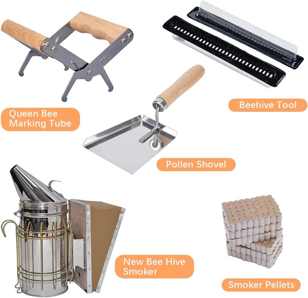 POLLIBEE Beehive Starter Kit 10-Frame Bee Hives and Supplies Starter Kit, Wax Coated and Painted Honey Bee Hives Includes 1 Deep Box with Frames, Waxed Foundation and Beekeeping Supplies Tool Kit