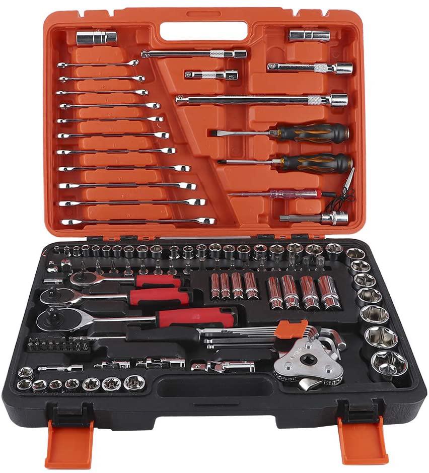 121Pcs Drive Socket Set Socket Ratchet Wrench Socket Bit Combination Tools Kit Mechanics Tool Set Sleeve Combination for Household Machine Auto Repair