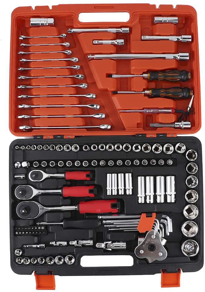 121Pcs Drive Socket Set Socket Ratchet Wrench Socket Bit Combination Tools Kit Mechanics Tool Set Sleeve Combination for Household Machine Auto Repair