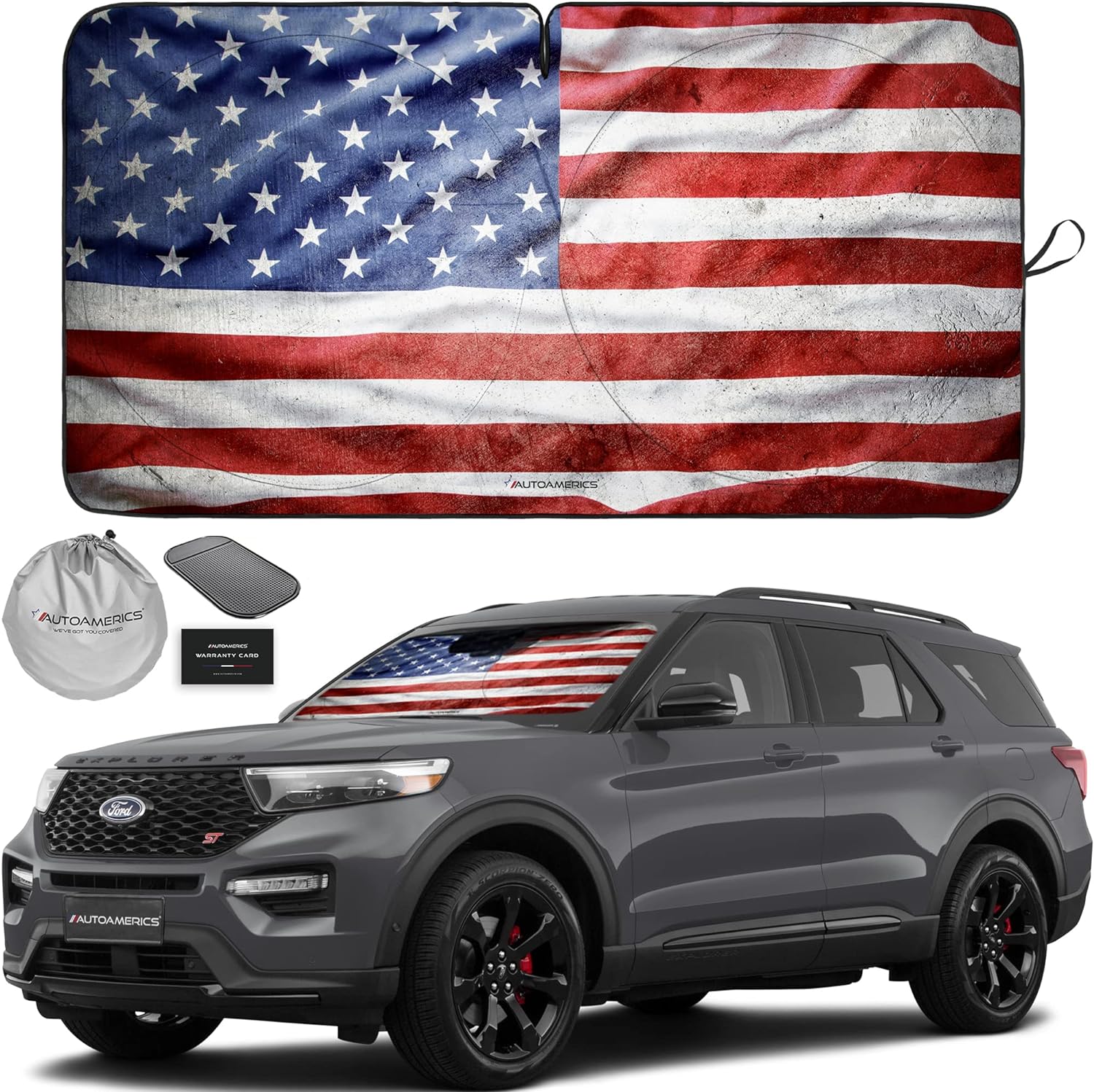 Autoamerics 1-Piece Windshield Sun Shade Grunge American Flag - 3 USA  - Foldable Car Front Window Sunshade for Most Sedans SUV Truck - Blocks Max UV Rays and Keeps Your Vehicle Cool - Medium