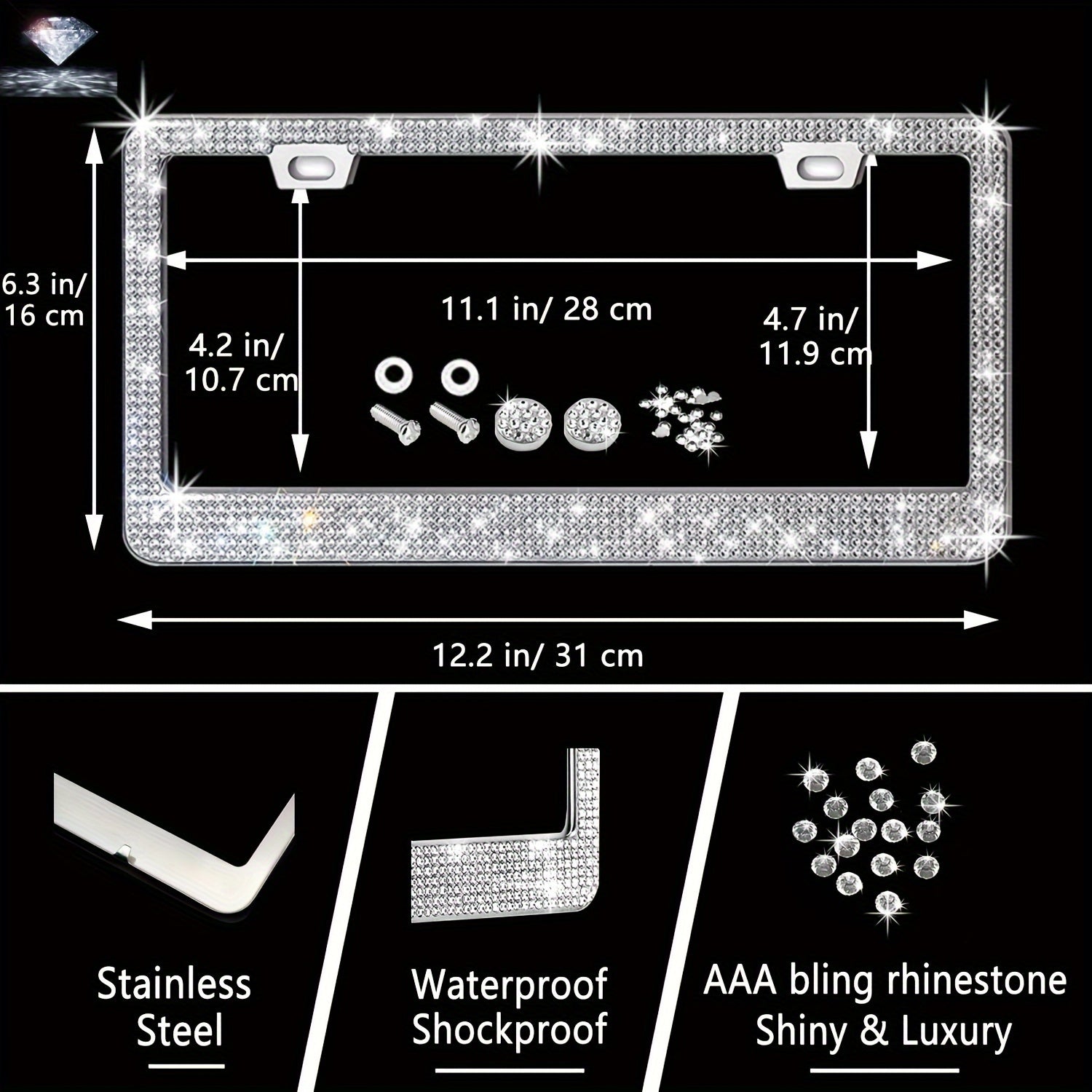 27pcs Bling Car Accessories Set For Women, Bling Steering Wheel Covers Universal Fit 15 Inch, Bling License Plate Frame,  Phone Holder, Car Coasters