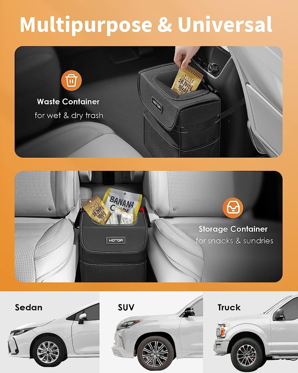 HOTOR Car Trash Can - Leak-Proof Car Organizer and Storage Bag for The Back/Front/Console of Any Cars,Sedans, SUVs &amp; Trucks Easy-to-Install Car Accessory Interior
