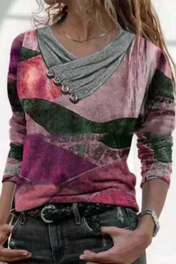 Cross V-neck button printed long-sleeved sweatshirt