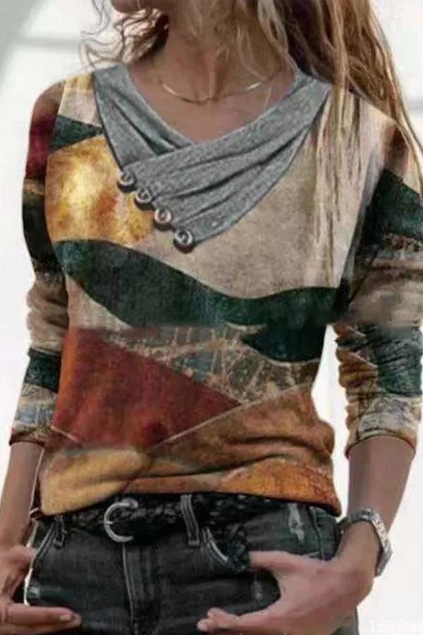 Cross V-neck button printed long-sleeved sweatshirt