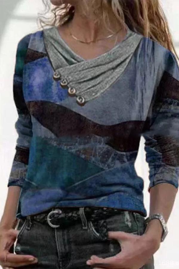 Cross V-neck button printed long-sleeved sweatshirt