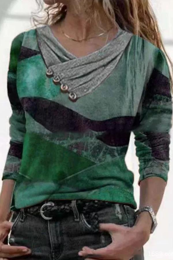 Cross V-neck button printed long-sleeved sweatshirt