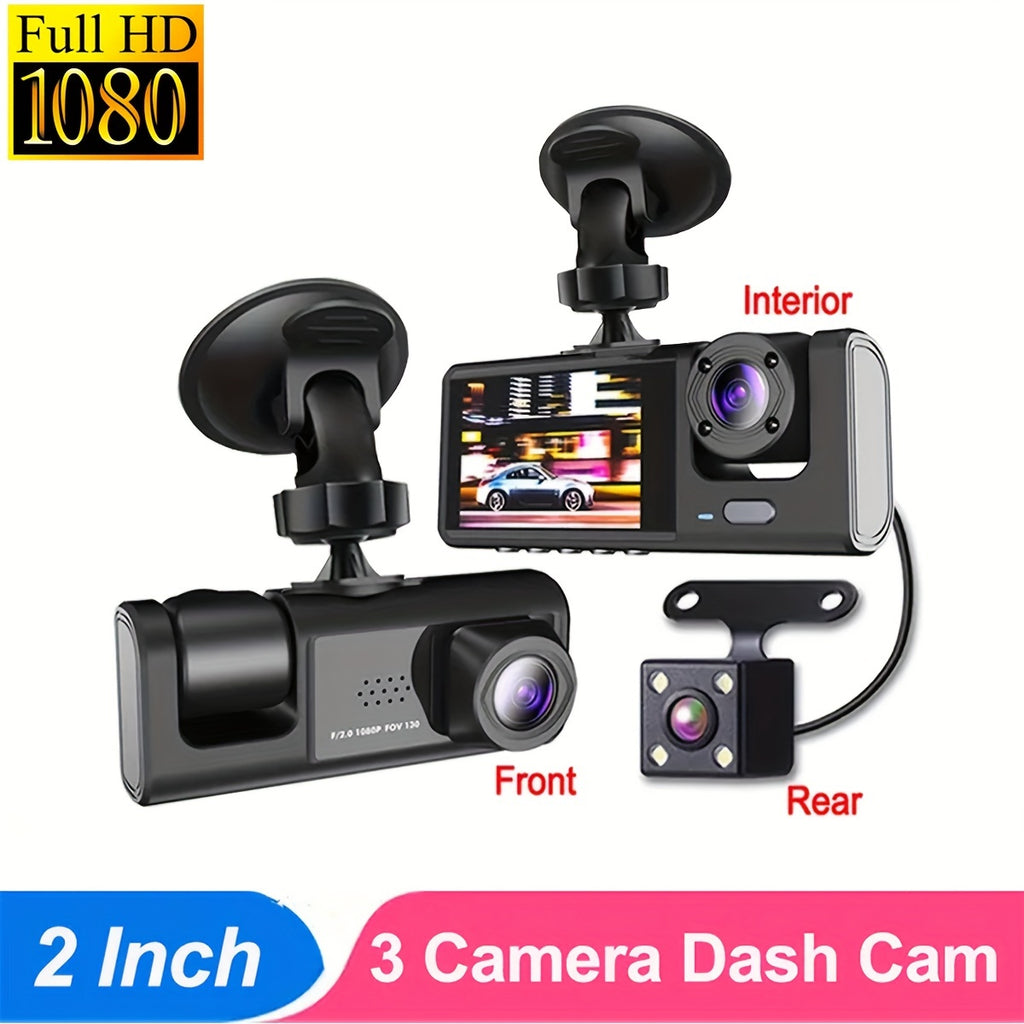 3 Channel Dash Cam Front And Rear Inside,1080P Dash Cam IR Night Vision, Loop Recording Car DVR Camera 3 Lens  With 2 Inch IPS Screen 3 Cameras Car Dashcam,car Black Box Recording At Same Time,Wide Angle Dashboard Camera Recorder