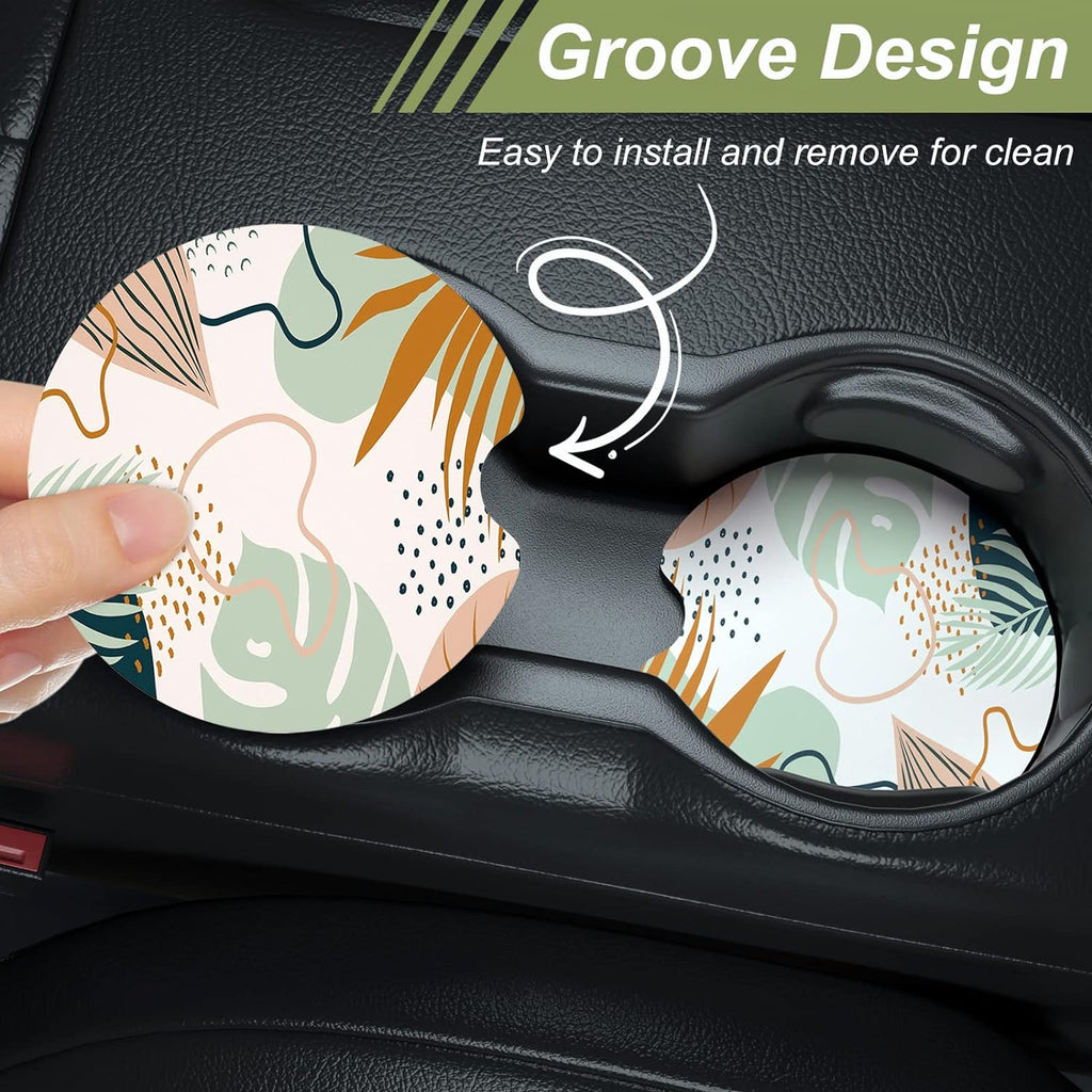 Nipichsha Car Cup Holder Coasters, Car Coasters for Cup Holders, 2 Pack Anti Slip Insert Coasters, Rubber Car Cup Mat with A Finger Notch, Cute Car Interior Accessories for Women Men(Boho Leaves)