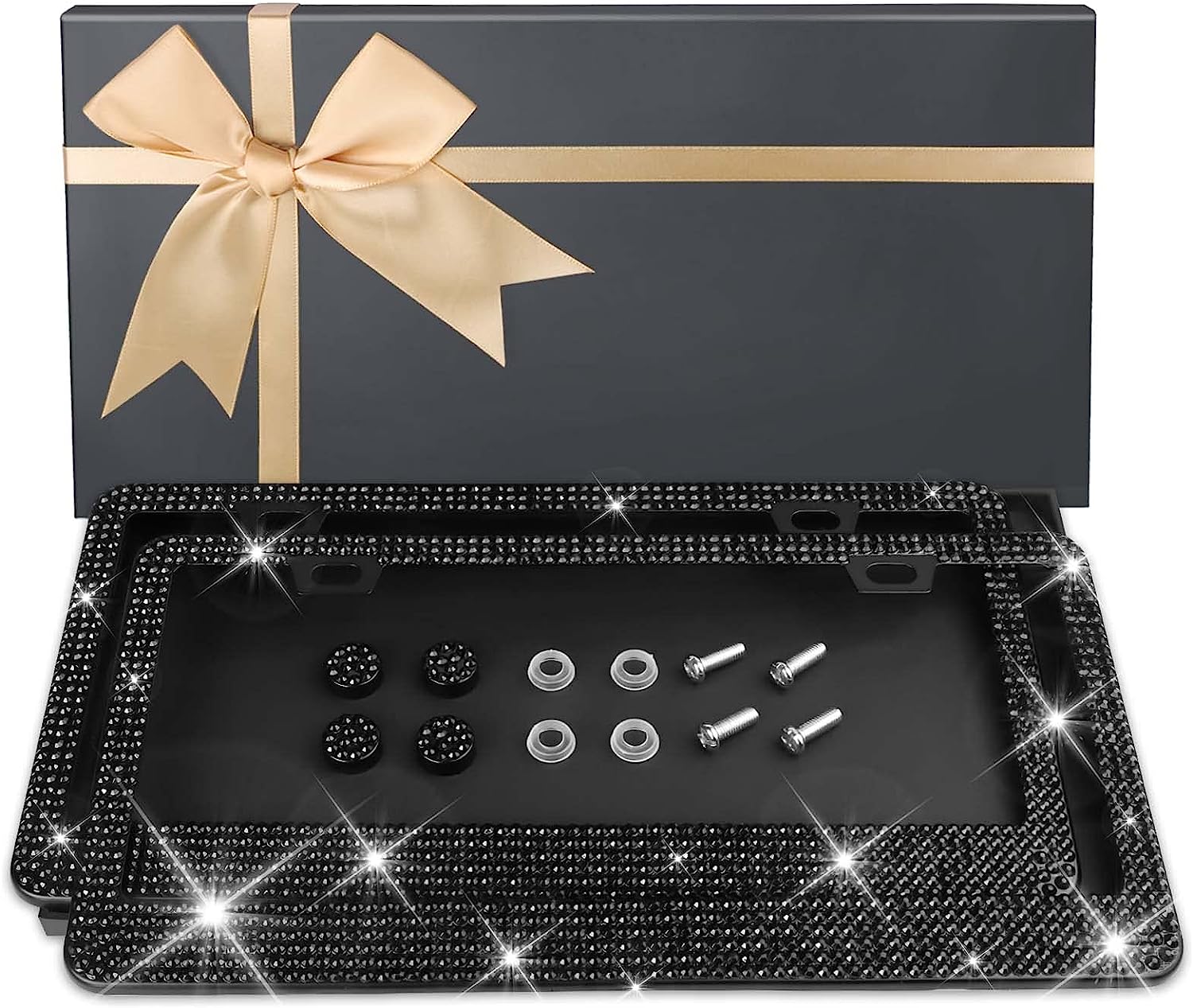 AUJEN Bling License Plate Frame - Sparkly License Plate Holder, Lastingly License Plate Frame for Women, Stainless Steel &amp; Obstruction-Free Car Accessory with Multifaceted Rhinestones, Black