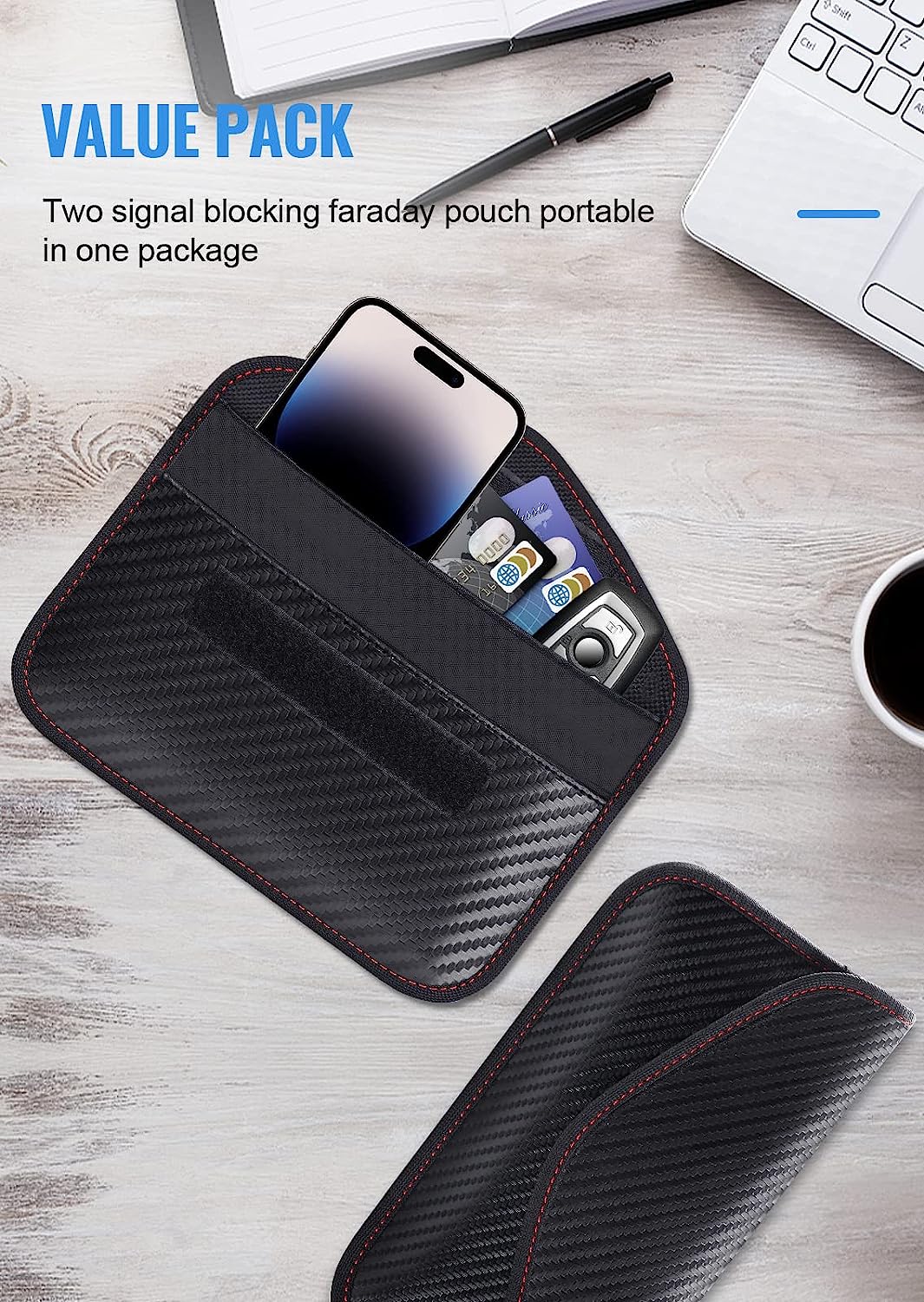 LANPARD Faraday Bag for Phones and Car Keys, 2 Pack RFID Signal Blocking Bag, Carbon Fiber Material Shielding Case for Cell Phone Privacy Protection &amp; Key Fob, Anti-Tracking Anti-Hacking Case Blocker