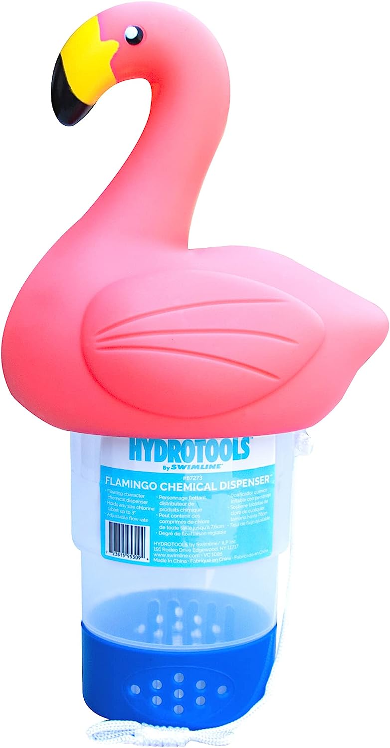 SWIMLINE HYDROTOOLS 87273 Flamingo Large Capacity Pool &amp; Spa Chemical Dispenser | Compatible With Bromine &amp; Chlorine Supports 1-3’’ Tablets | Adjustable For Customizable Flow Rate | Cost Effective