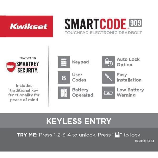 SmartCode 909 Satin Nickel Single Cylinder Electronic Deadbolt Featuring SmartKey Security