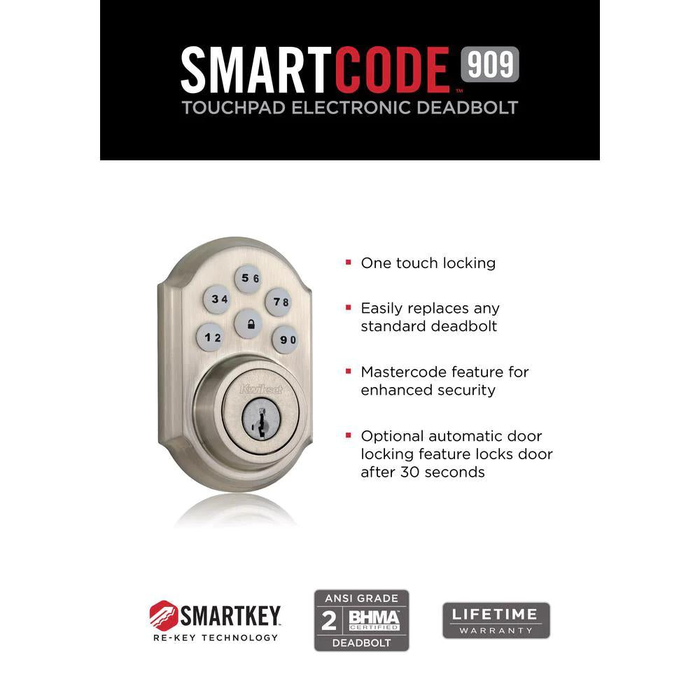 SmartCode 909 Satin Nickel Single Cylinder Electronic Deadbolt Featuring SmartKey Security