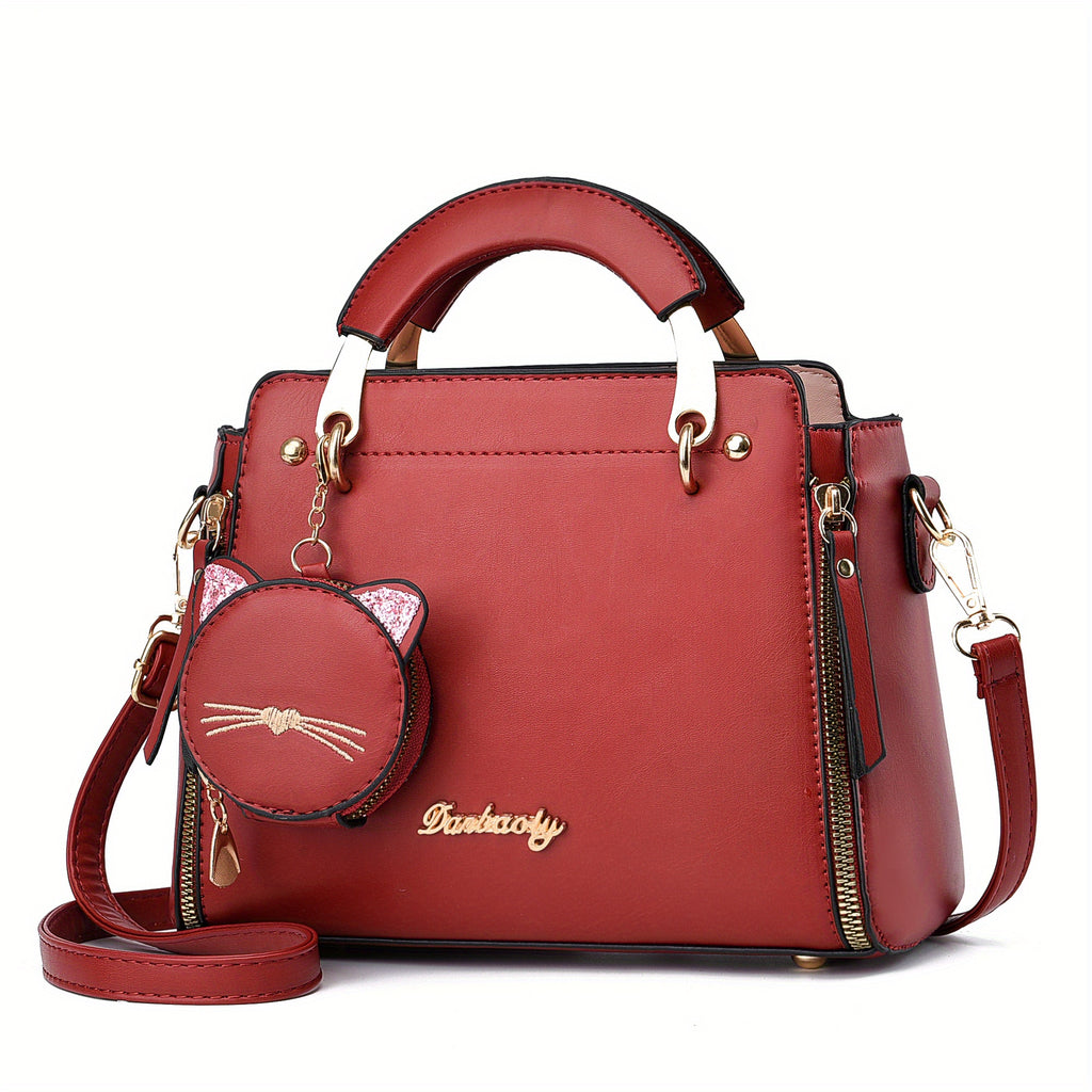 Letter Decor Hand Satchel Bag, Stylish Shoulder Zipper Bag With Mini Coin Purse, Crossbody Bag For Work