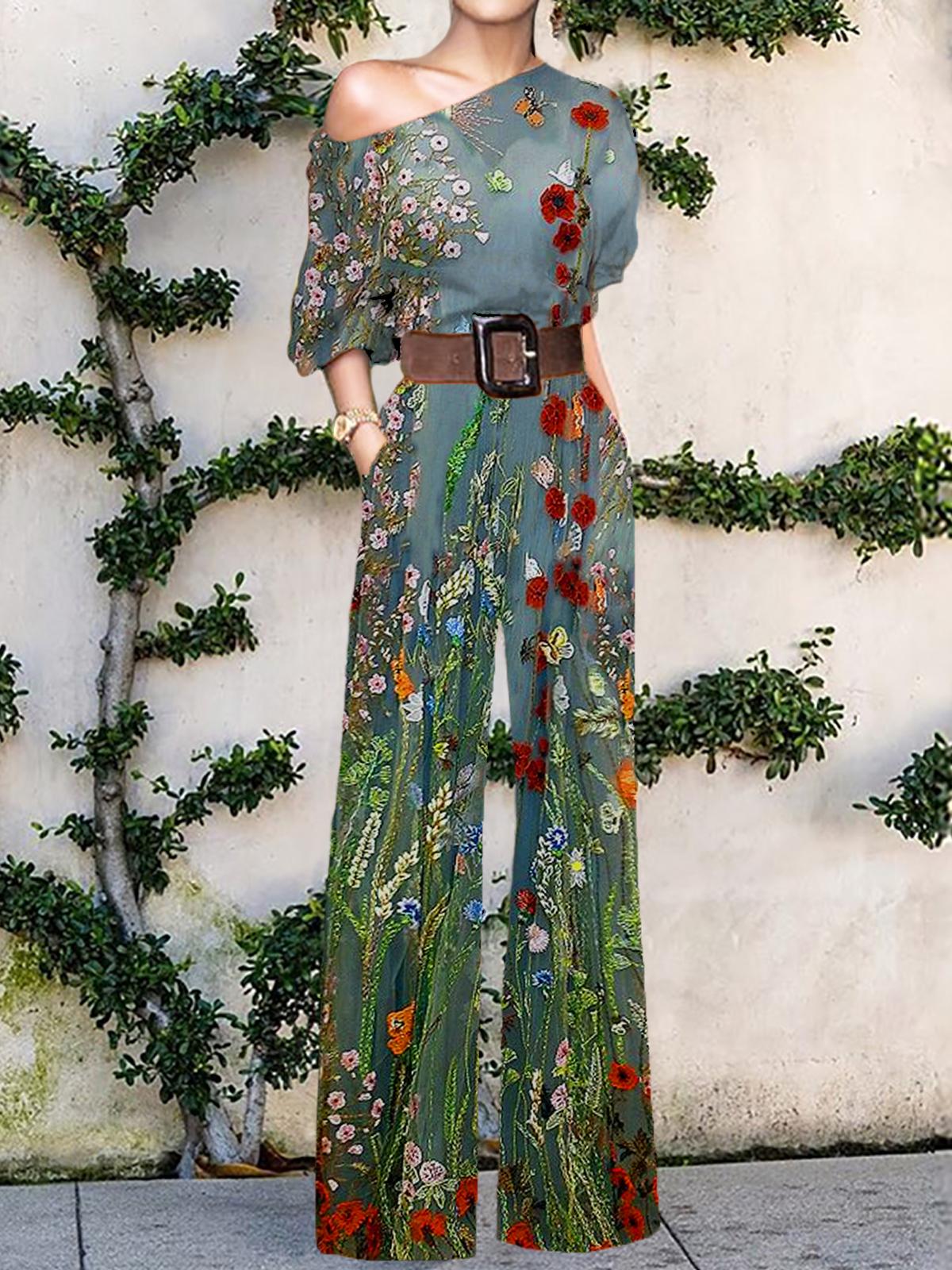 Floral Print One Shoulder Jumpsuit Women
