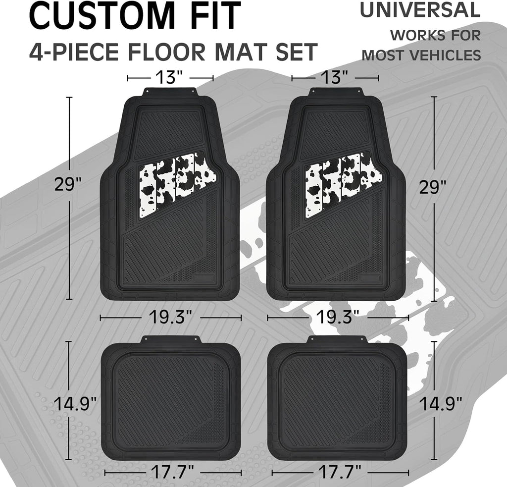 CAR PASSHeavy Duty Rubber Floor Mats Cow Print Car Mats 4-Piece Car Mat Set - Universal Waterproof Floor Mats for Car SUV Truck, Durable All-Weather Mats
