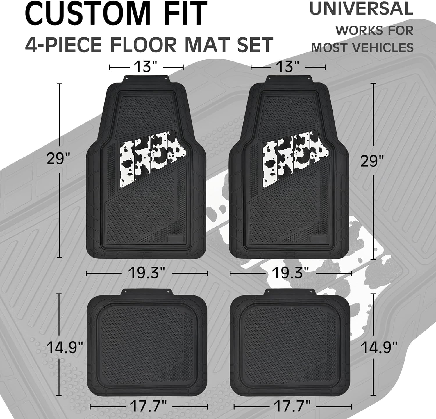 CAR PASSHeavy Duty Rubber Floor Mats Cow Print Car Mats 4-Piece Car Mat Set - Universal Waterproof Floor Mats for Car SUV Truck, Durable All-Weather Mats