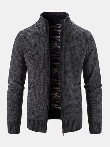 mens plain chenille knit stand collar zipper warm cardigans with pocket