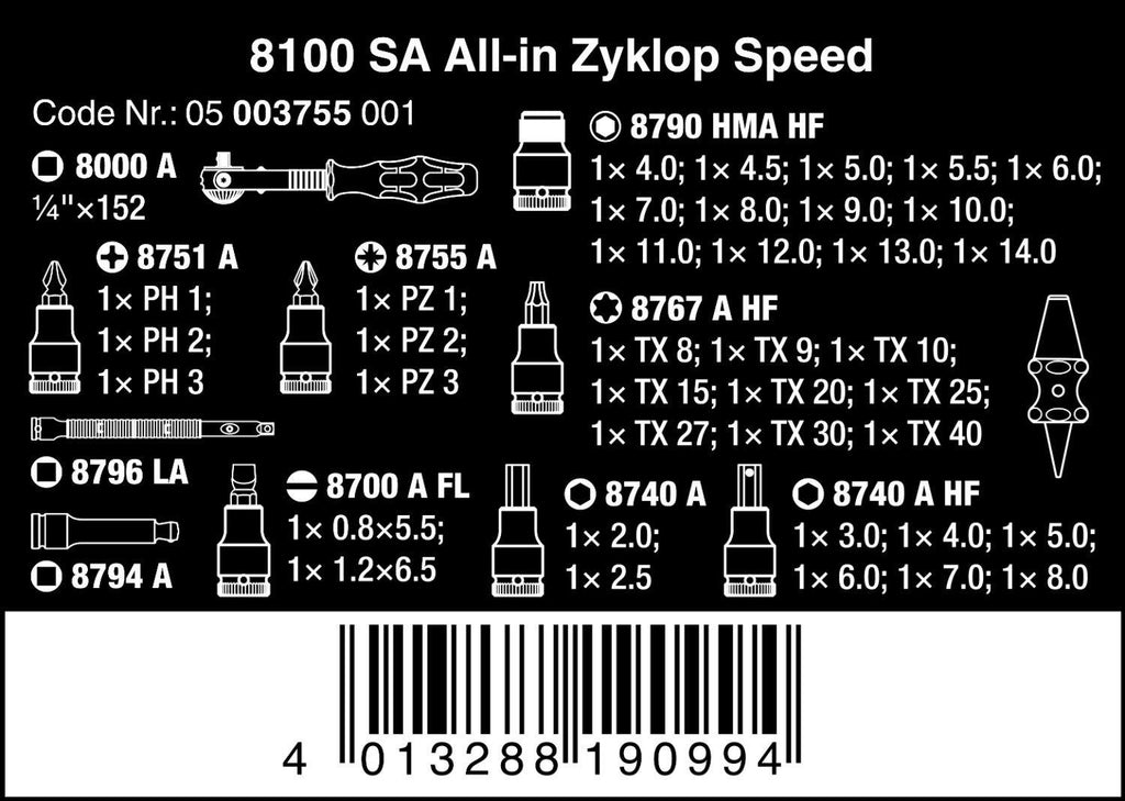 W05003755001 8100 Sa All-in Zyklop Speed Ratchet Set, 1/4", HF, (Pack of 42)