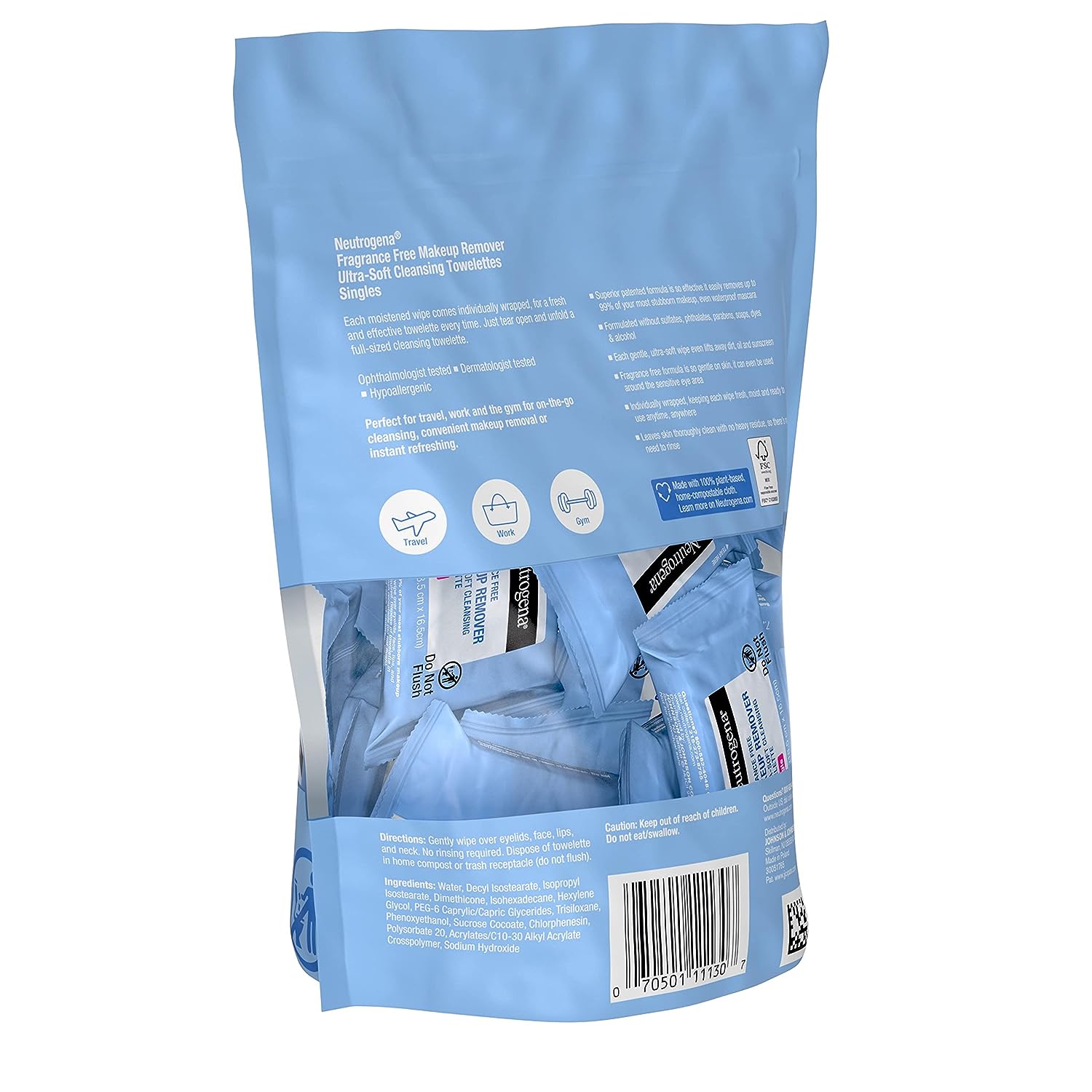 Neutrogena Fragrance-Free Makeup Remover Cleansing Towelette Singles, Individually-Wrapped Daily Face Wipes to Remove Dirt, Oil, Makeup &amp; Waterproof Mascara for Travel &amp; On-the-Go, 20 ct (Pack of 6)