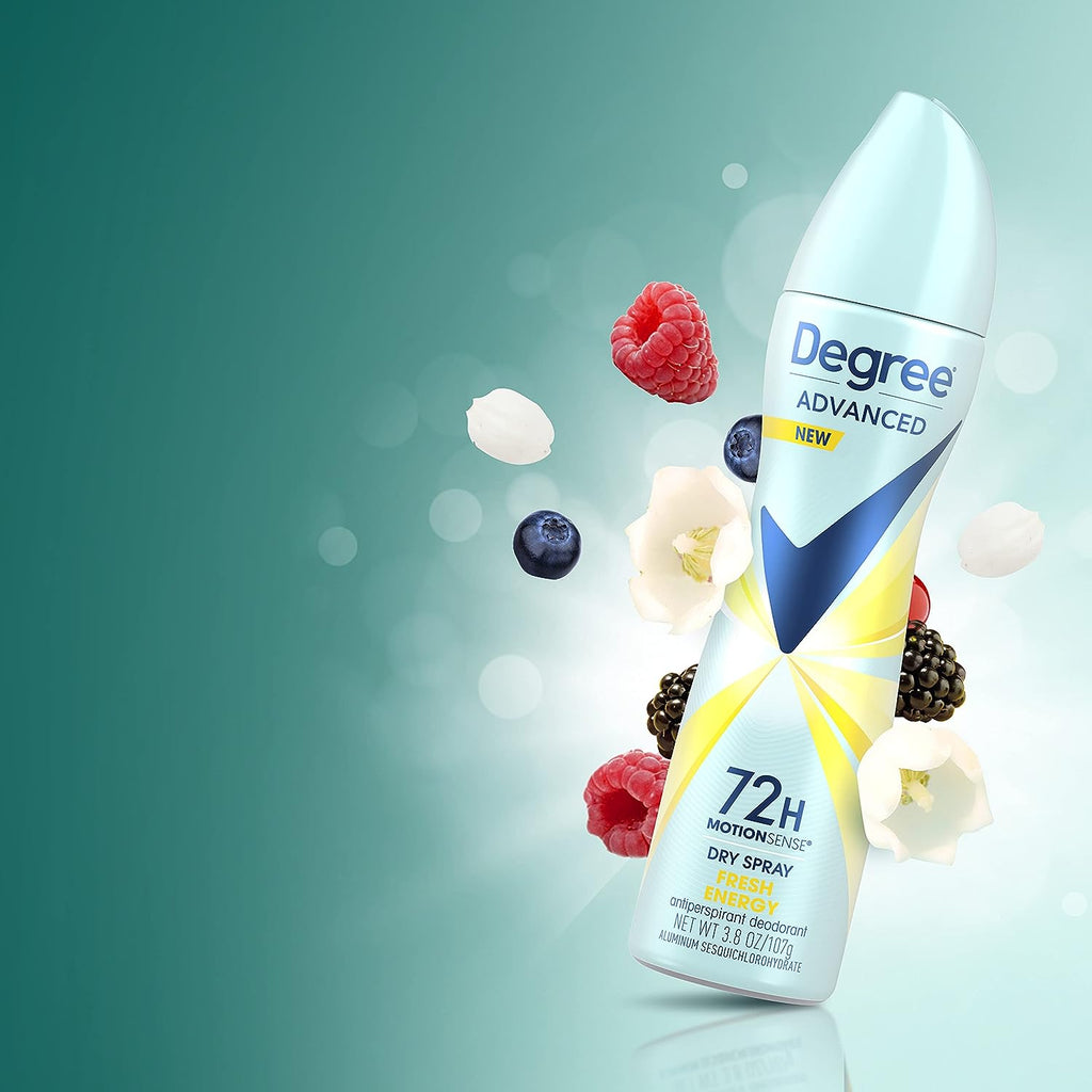 Degree Advanced Antiperspirant Deodorant Dry Spray 72-Hour Sweat and Odor Protection Fresh Energy Deodorant Spray For Women With MotionSense Technology 3.8 oz, Pack of 4 , Blue