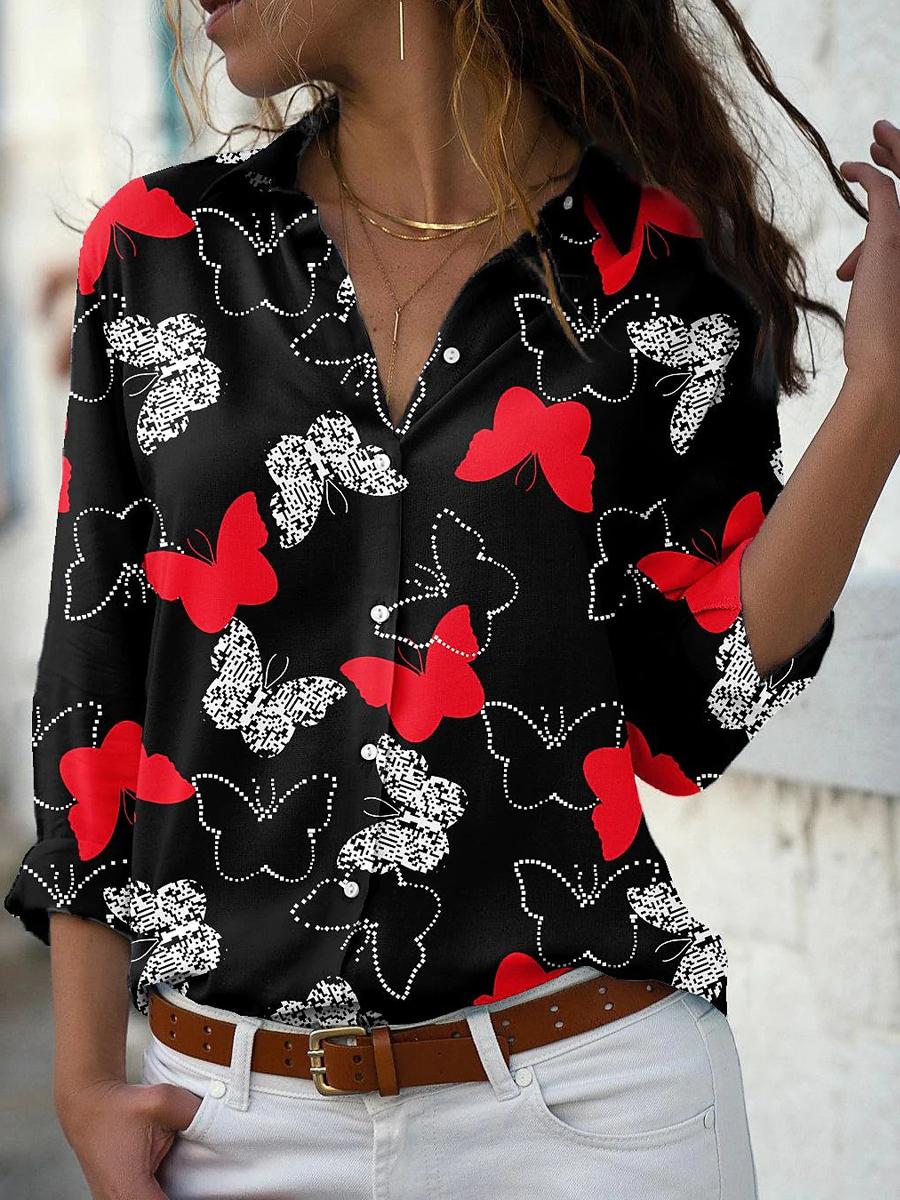 Women's Fashion Butterfly Print Long Sleeve Shirt