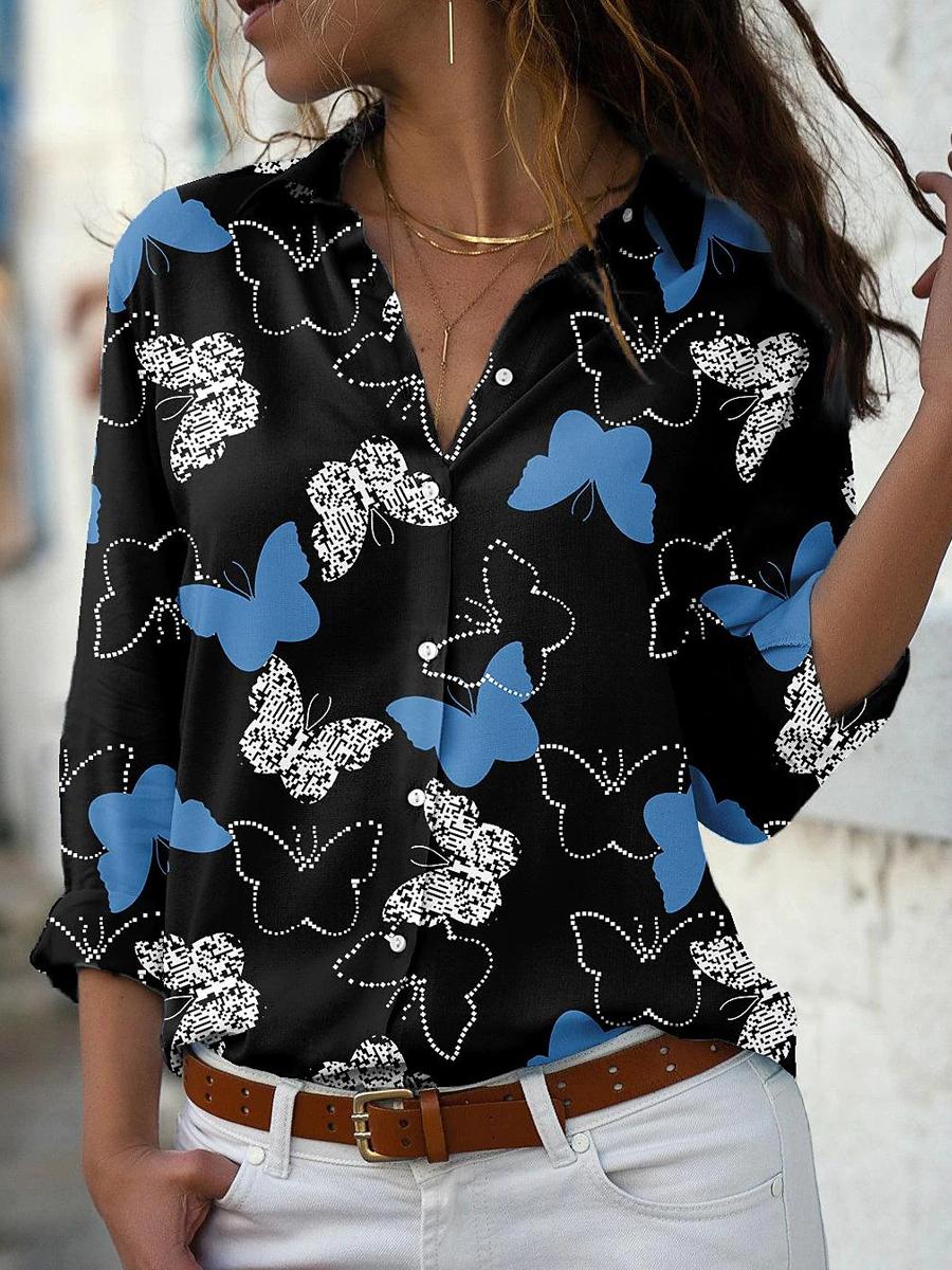 Women's Fashion Butterfly Print Long Sleeve Shirt