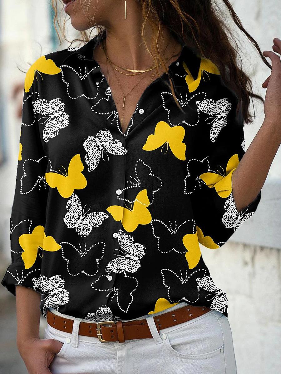 Women's Fashion Butterfly Print Long Sleeve Shirt