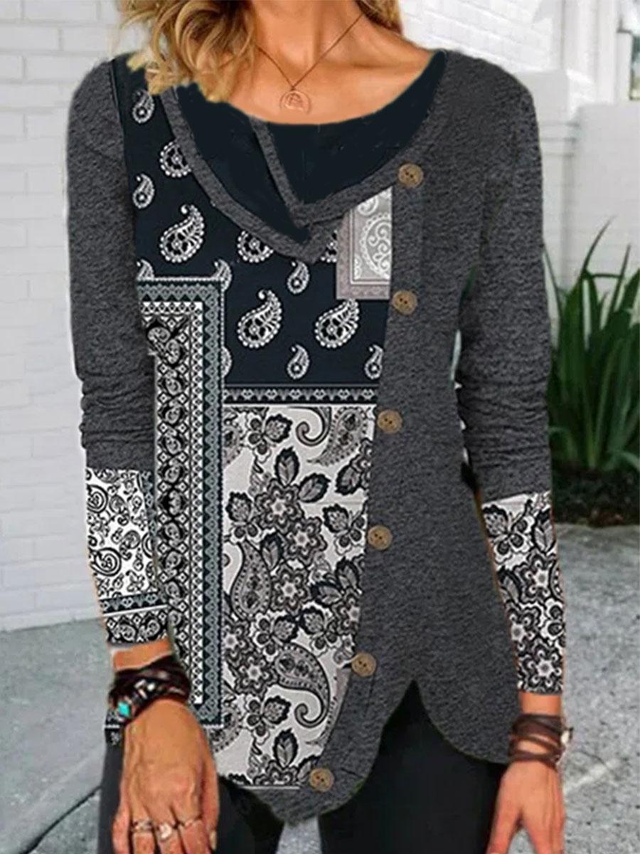 Fashion Retro Elements Lapel Long-sleeved Casual T-shirt