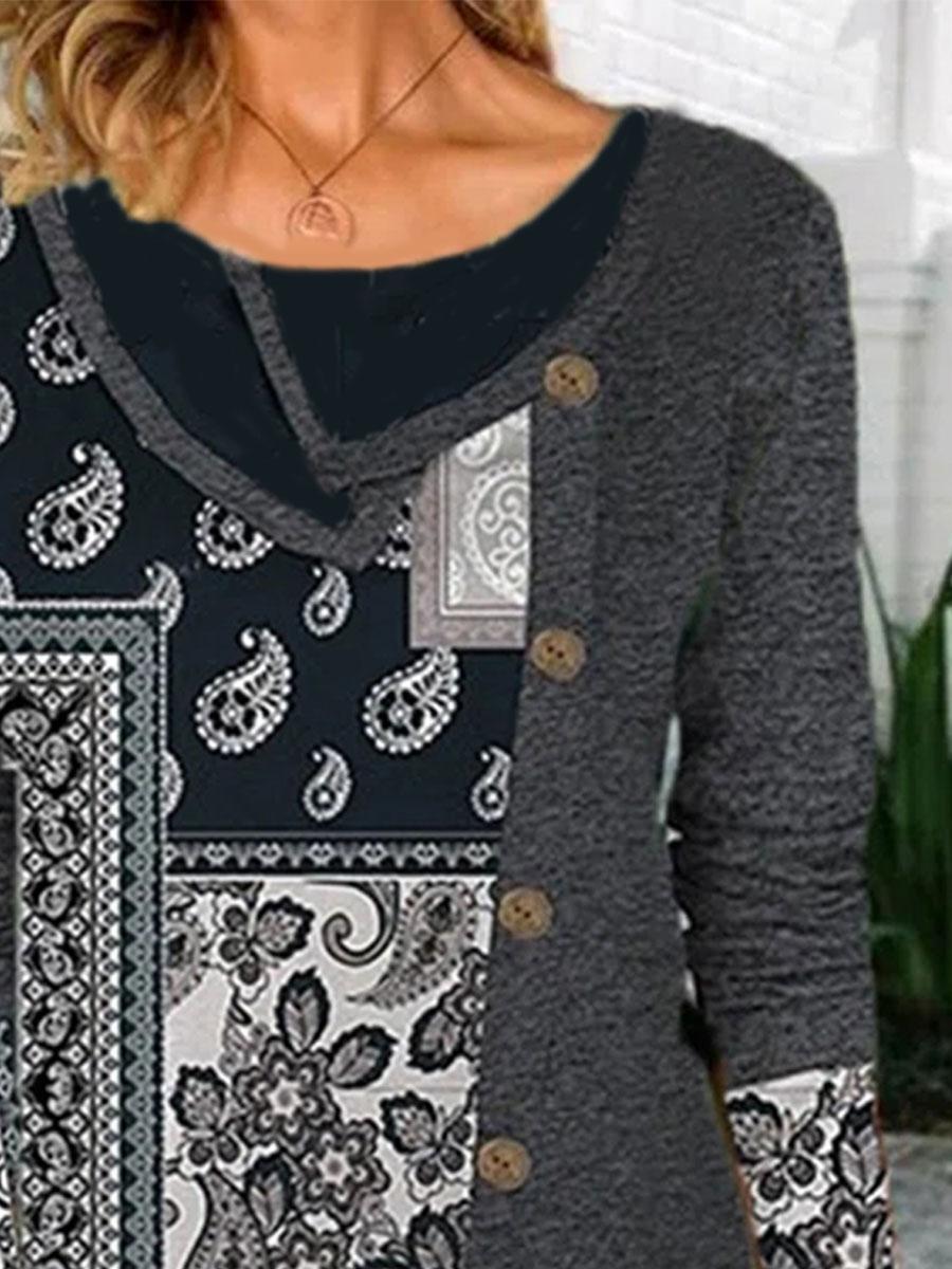 Fashion Retro Elements Lapel Long-sleeved Casual T-shirt