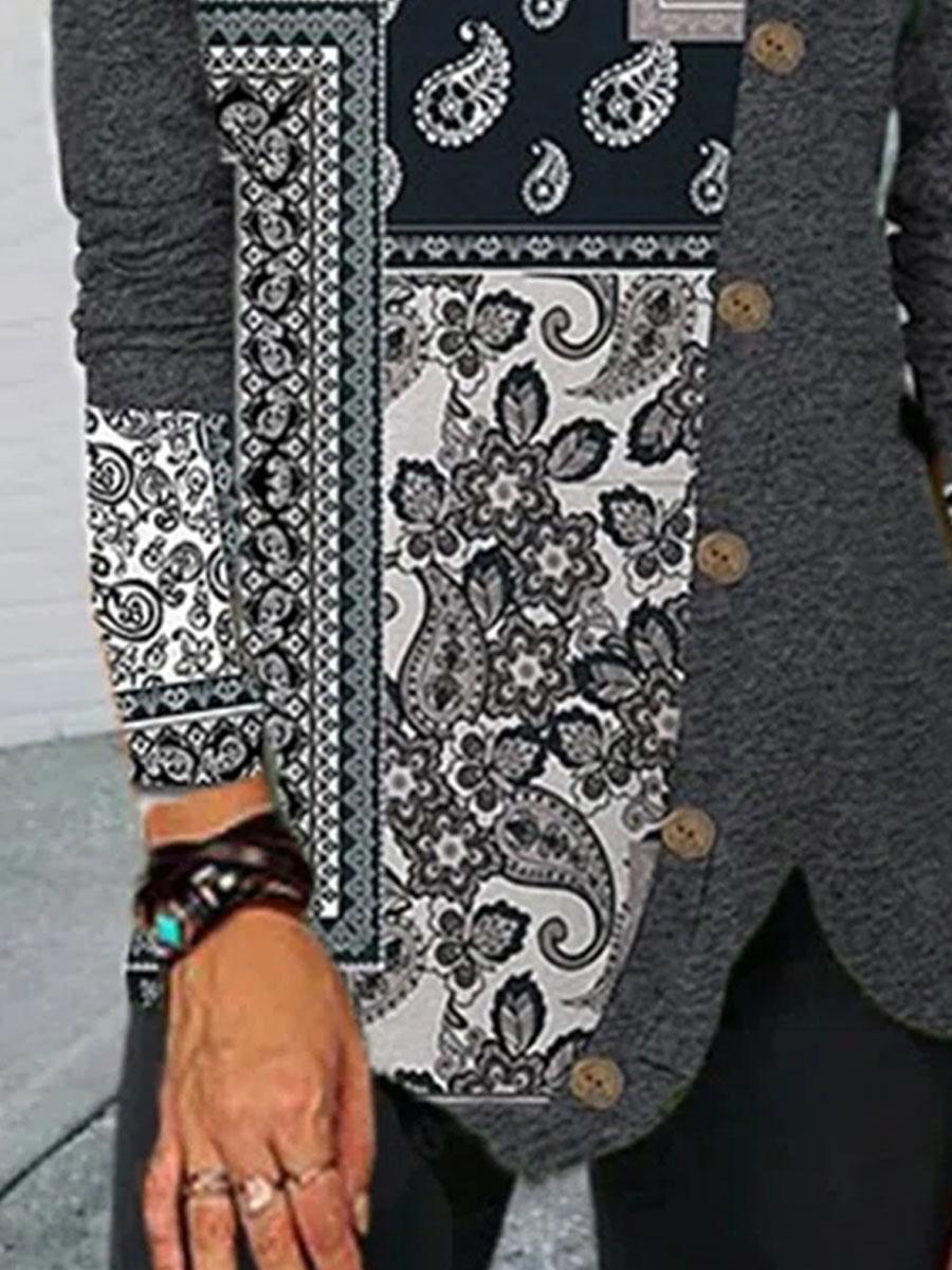 Fashion Retro Elements Lapel Long-sleeved Casual T-shirt