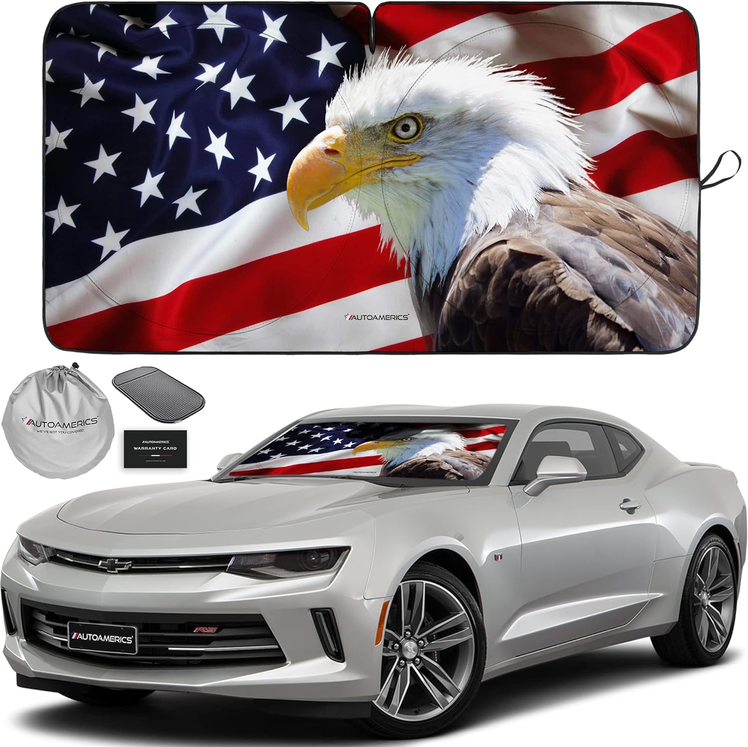 Autoamerics 1-Piece Windshield Sun Shade American Eagle Flag - 2 USA Patriotic  - Foldable Car Front Window Sunshade for Sedans SUV Truck - Blocks Max UV Rays and Keeps Your Vehicle Cool - Small