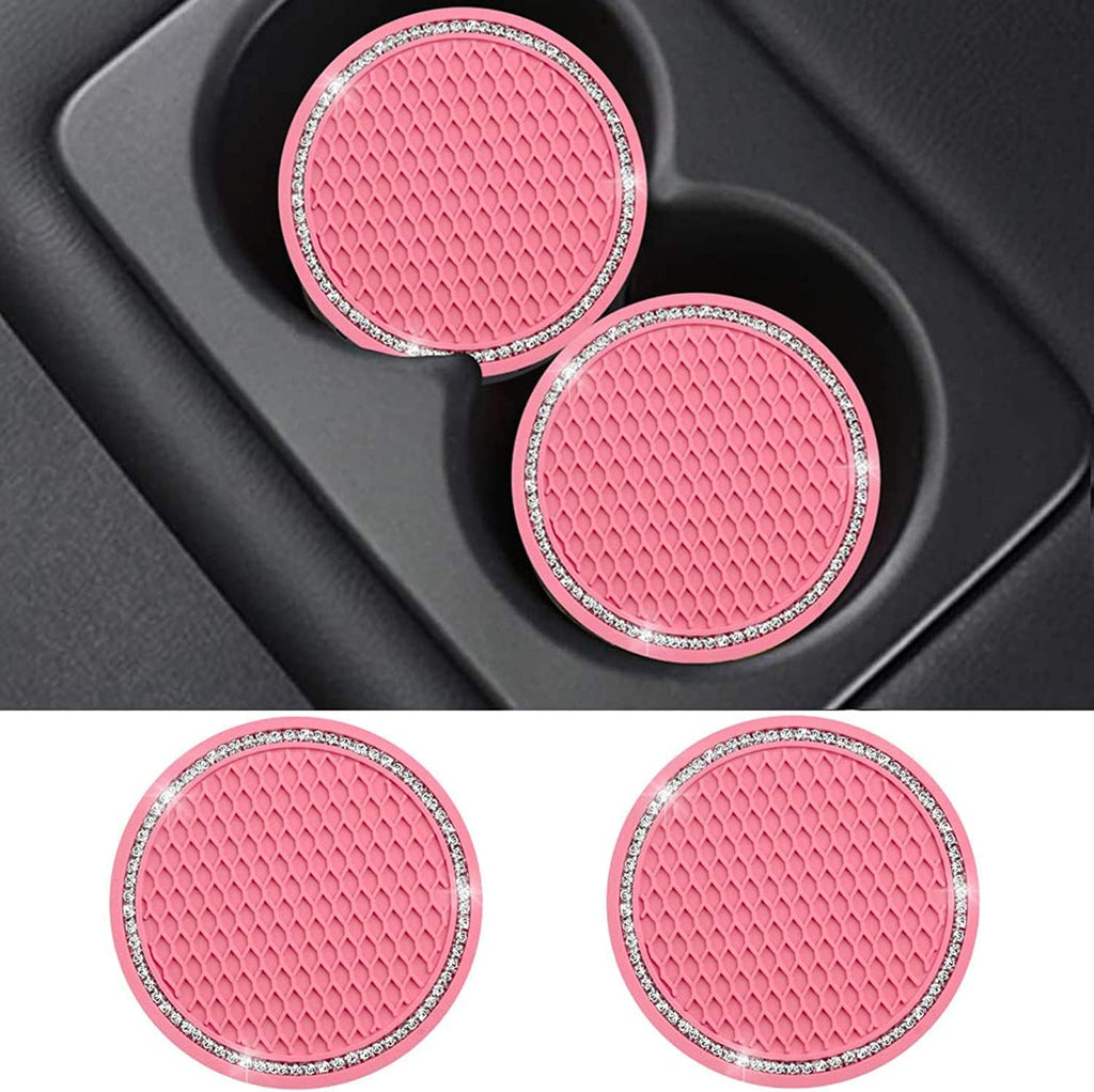 Bling Car Coasters Pink PVC Travel Auto Cup Holder Insert Coaster Anti Slip Crystal Vehicle Interior Accessories Cup Mats for Women and Girl (2.75" Diameter,Pack of 2) (Pink)