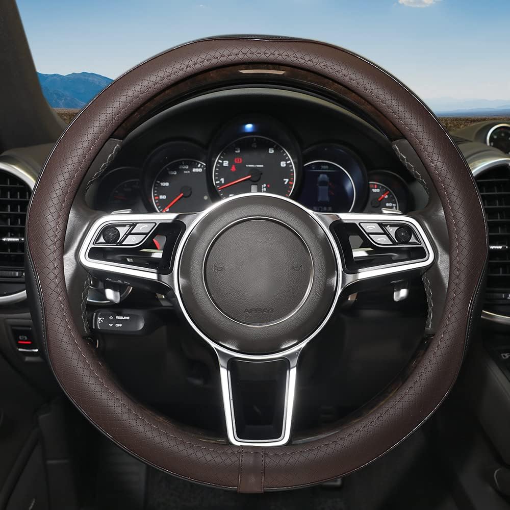 Gomass Car Steering Wheel Cover, Anti-Slip, Safety, Soft, Breathable, Heavy Duty, Thick, Full Surround, Sports Style (Black Brown)
