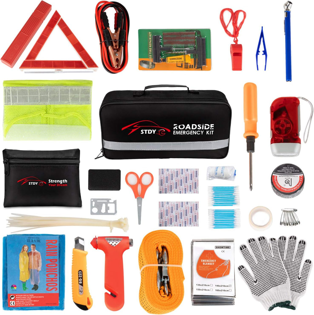 STDY Car Roadside Emergency Kit, Vehicle Truck Safety Road Side Assistance Kits Auto Accessory, with Jumper Cables, First Aid Kit, Tow Rope, Reflective Triangle, Tire Pressure Gauge, etc
