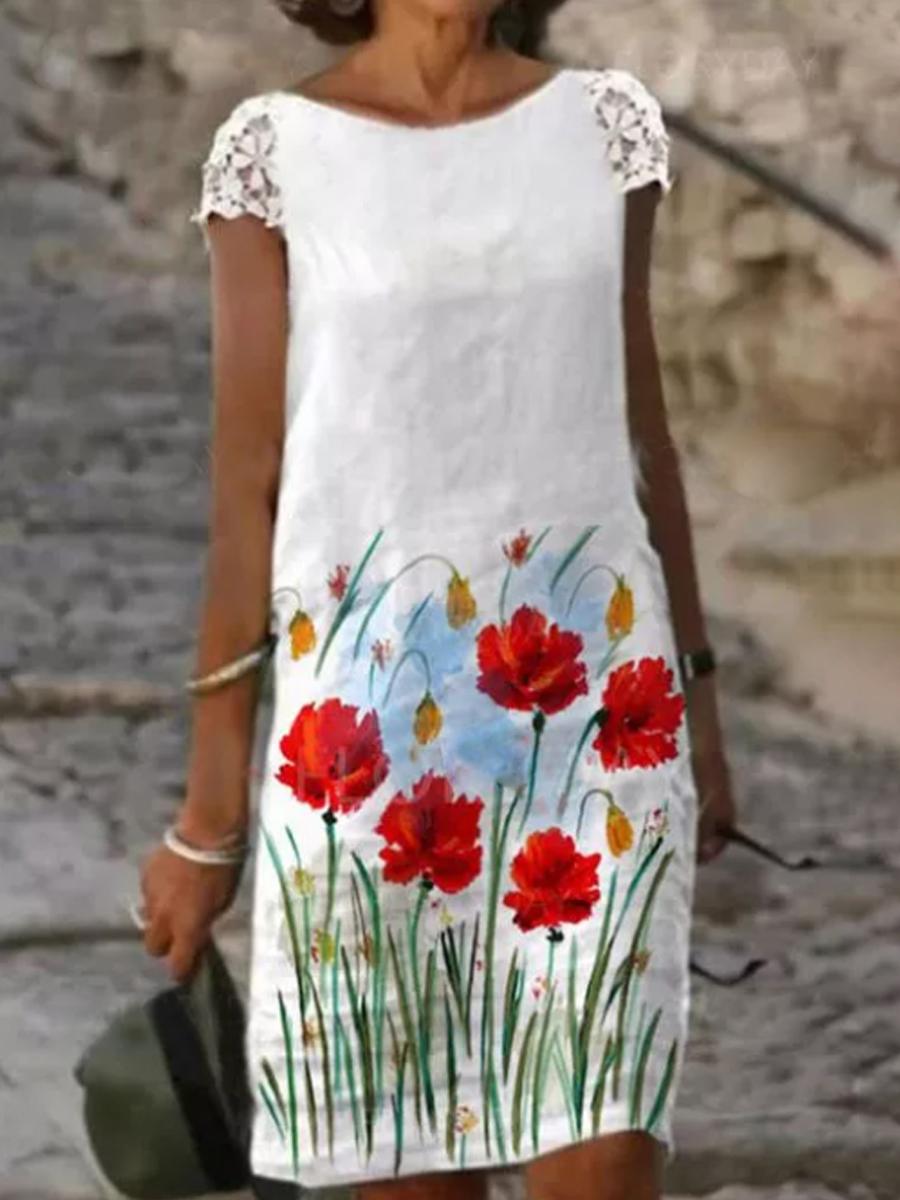 Ladies Casual Round Neck Floral Print Shift Dress
