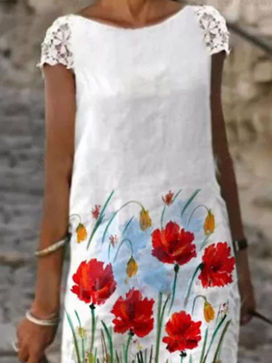 Ladies Casual Round Neck Floral Print Shift Dress