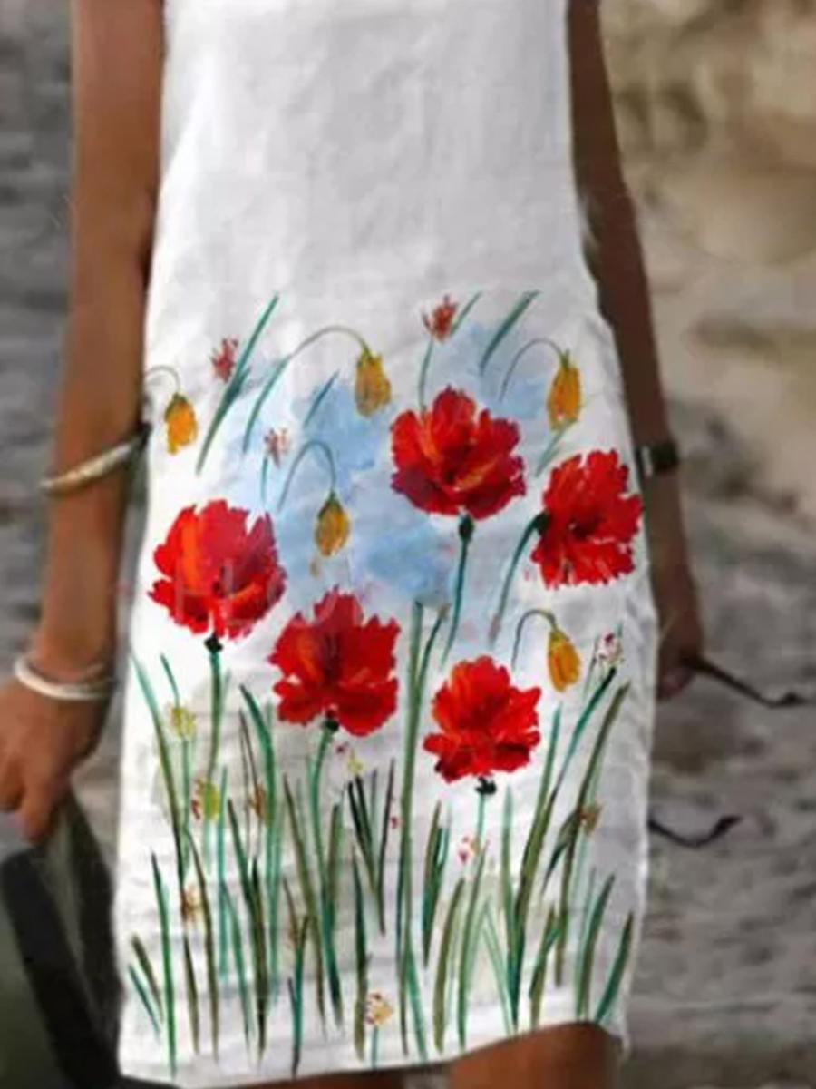 Ladies Casual Round Neck Floral Print Shift Dress