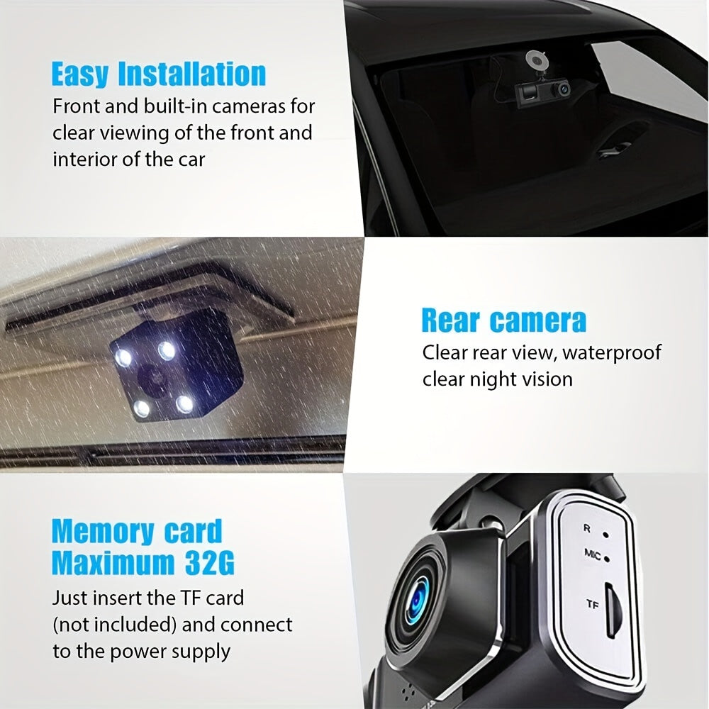 3 Channel Dash Cam Front And Rear Inside, 1080P Car DVR Camera Video Recorder G-Sensor Night Vision/ParMonitor/Accident Lock/Loop Recording