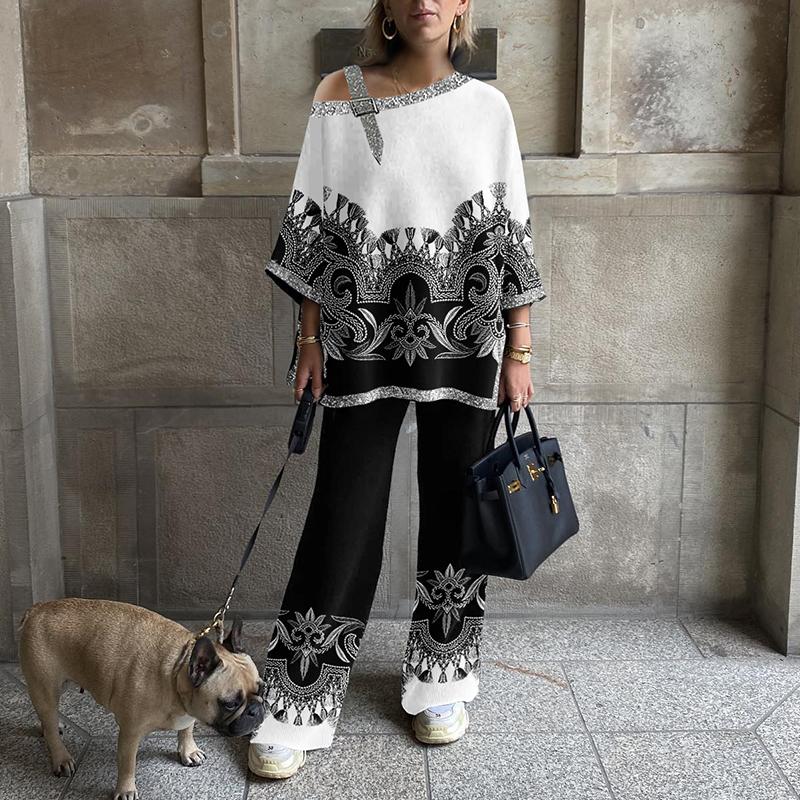 Women's Fashion Black And White Printed Shoulder Buckle Design Set