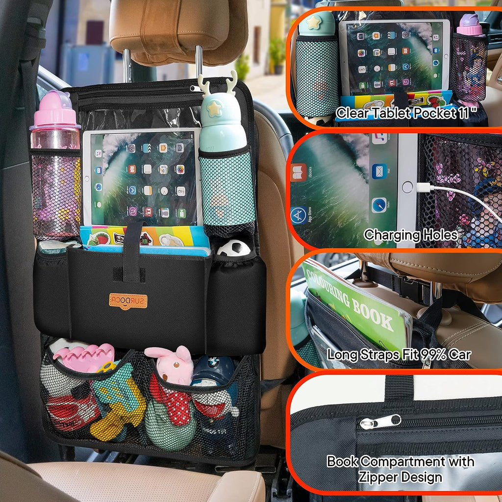 SURDOCA Car Organizers and Storage, Upgraded Car Seat Organizer with 11-inch Touch Screen Tablet Holder, Backseat Car Organizer with 9 Pockets, Car Seat Protector Road Trip Essentials for Kids, 1 Pack