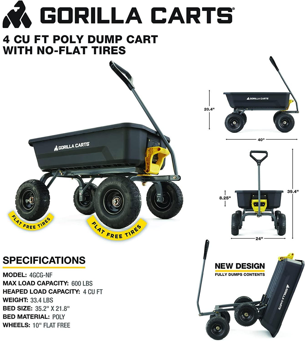 Gorilla Carts 4GCG-NF 4 Cu. Ft. Poly Garden Dump Cart with No-Flat Tires, Black ( Exclusive)