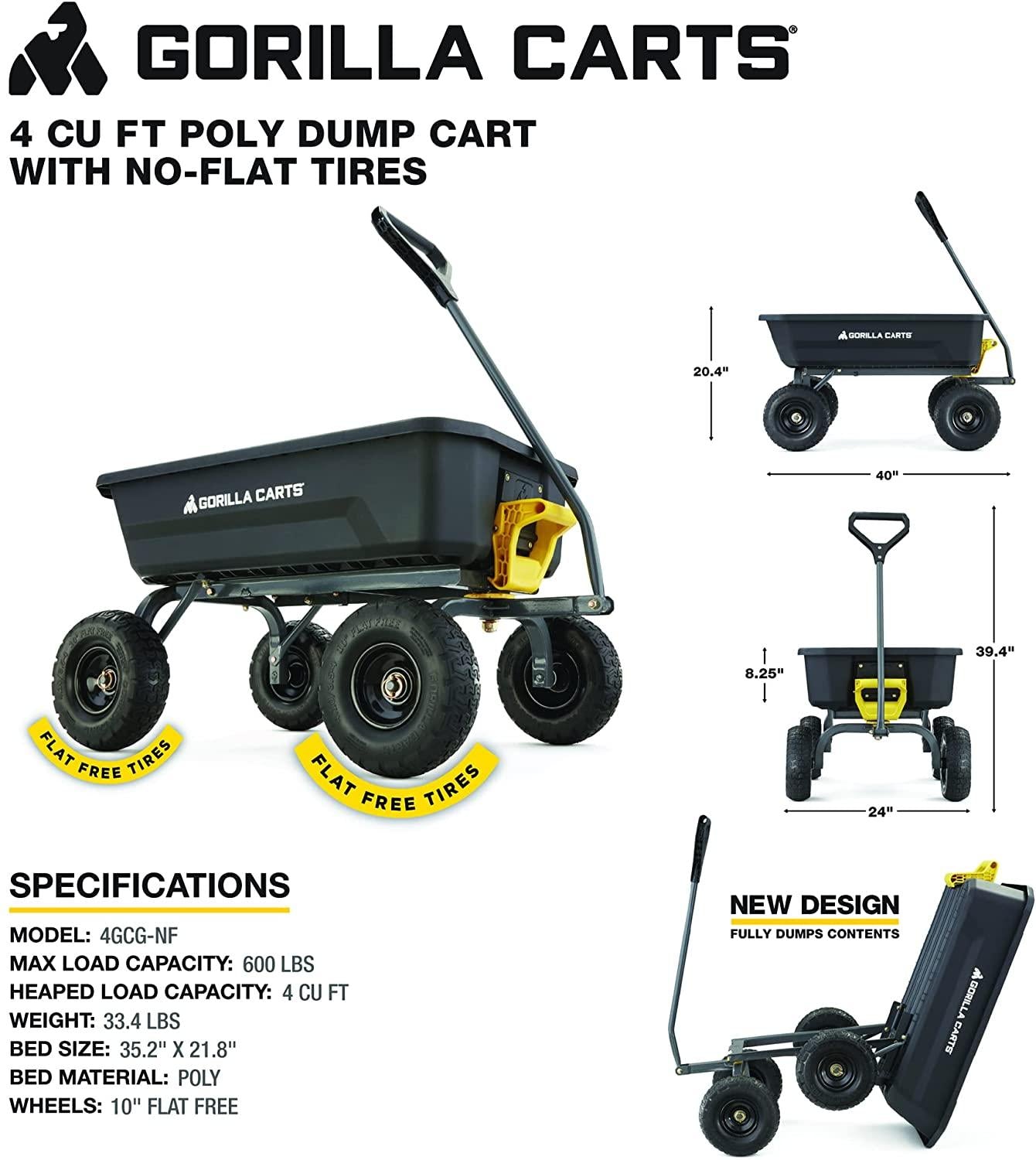 Gorilla Carts 4GCG-NF 4 Cu. Ft. Poly Garden Dump Cart with No-Flat Tires, Black ( Exclusive)